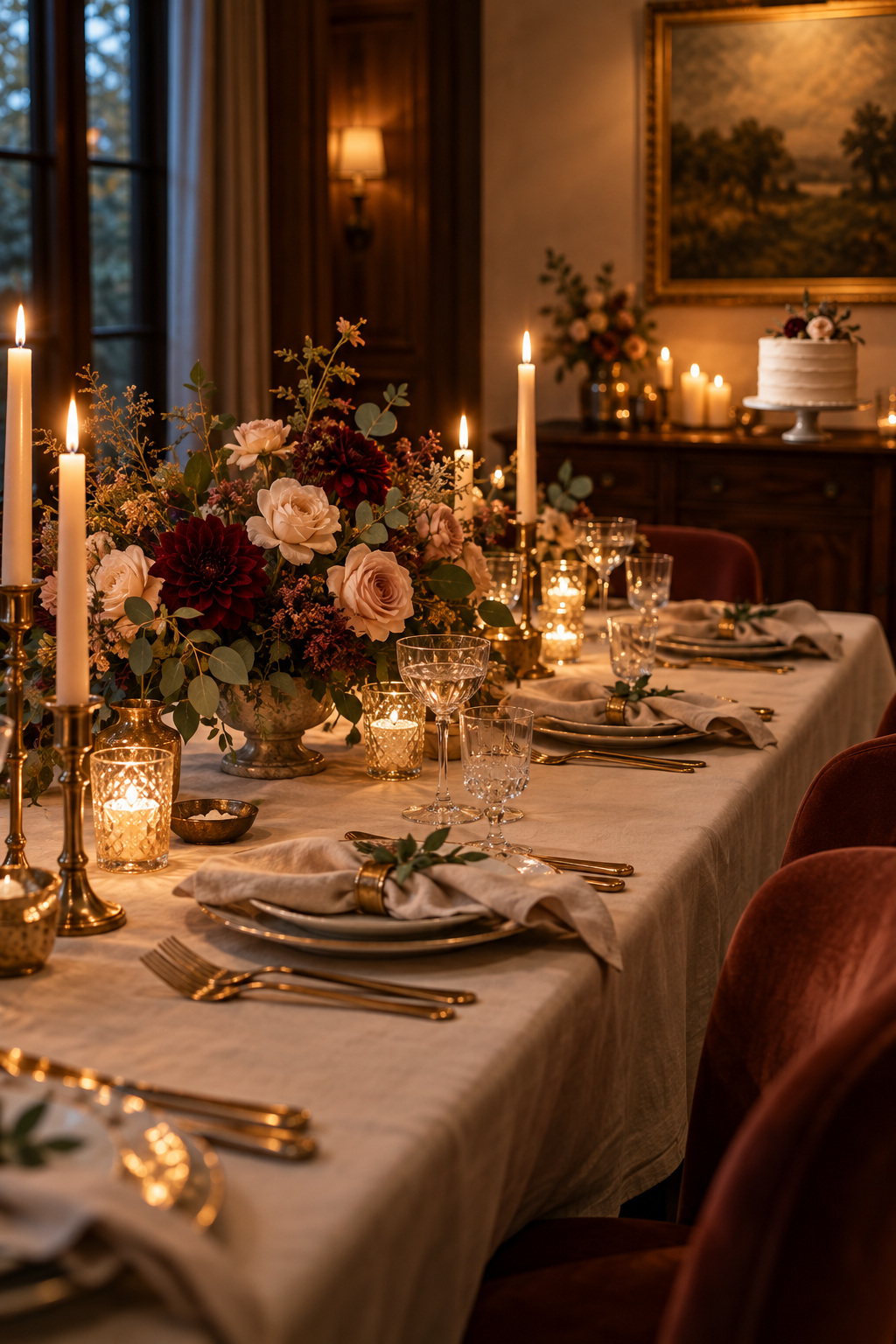 Candlelit milestone dinner table with floral centerpiece