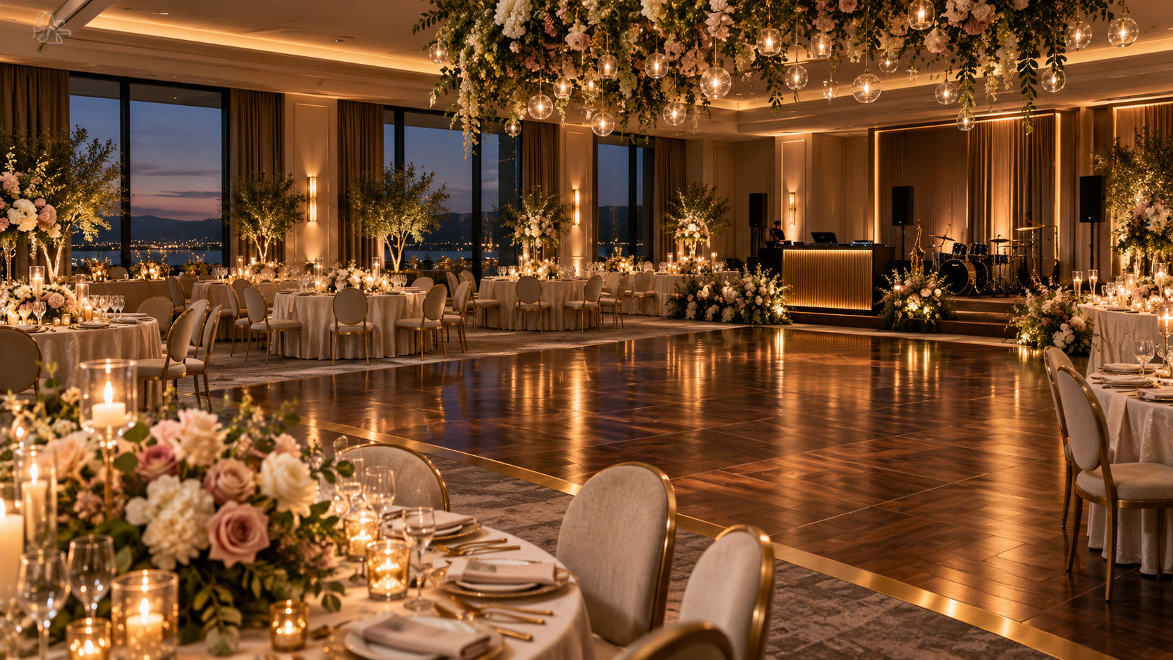 Sophisticated ballroom reception with dining tables and dance floor