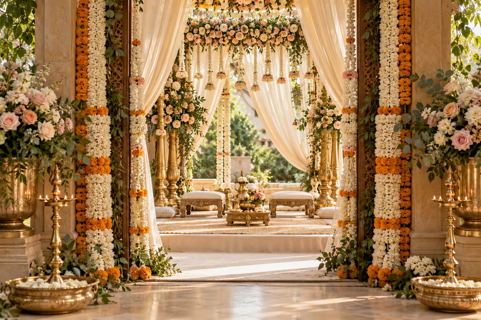 South Asian wedding ceremony entrance with jasmine, marigold, cream draping, and brass lamps