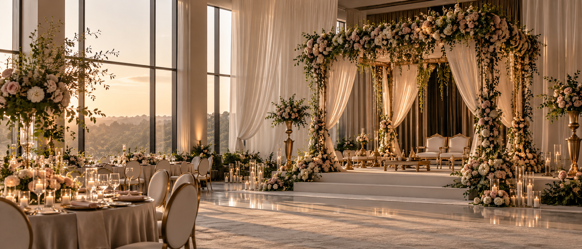 Elegant floral mandap and reception setting prepared for a celebration