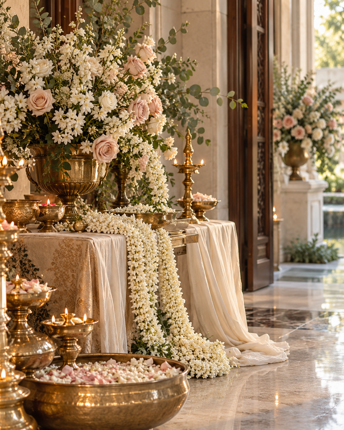 Wedding welcome styling with jasmine garlands, blush roses, eucalyptus, and brass lamps